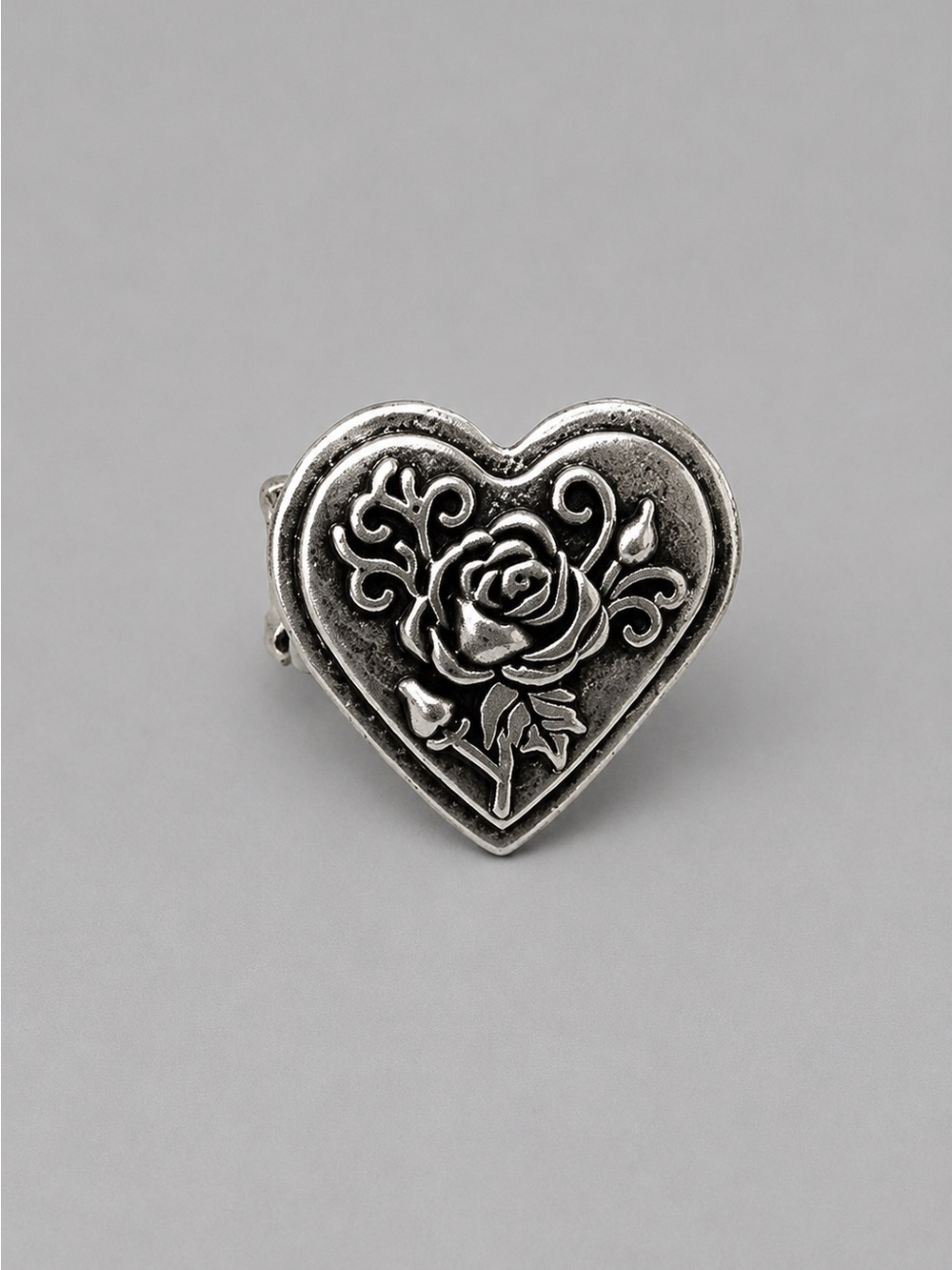 Silver Tone Heart Rose Stretch Ring | Vintage Style Romantic Adjustable